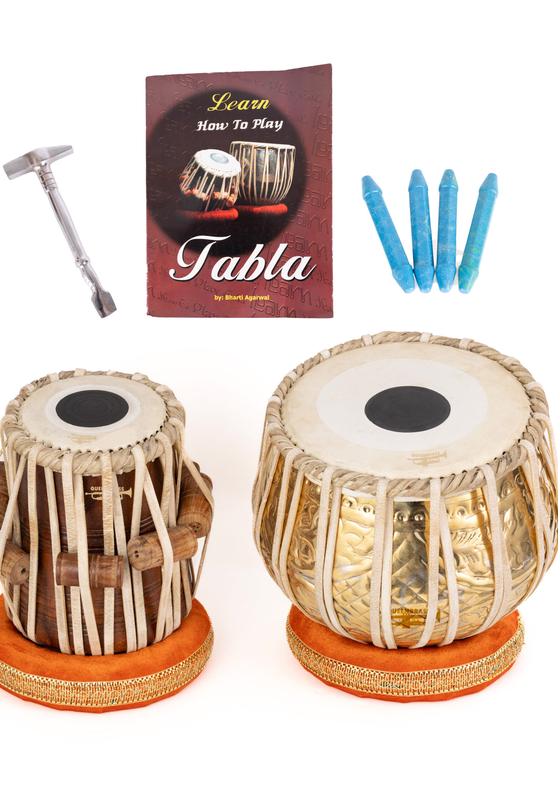 QueenBrass Designer Brass Tabla Set – Engraved Bayan & Dayan with Full Kit