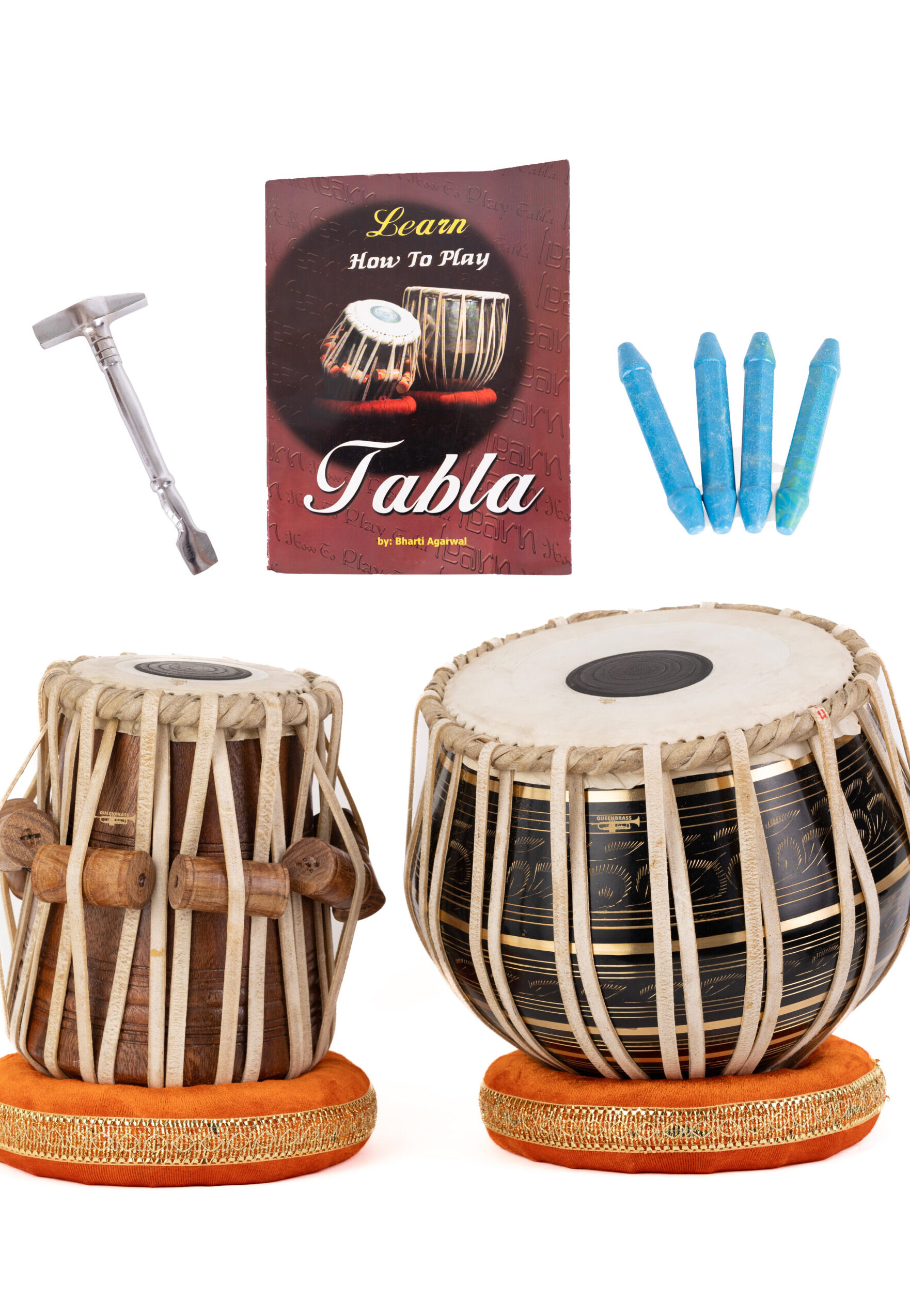 QueenBrass Black Designer Tabla Set – Hand-Engraved Brass Bayan & Dayan with Full Kit