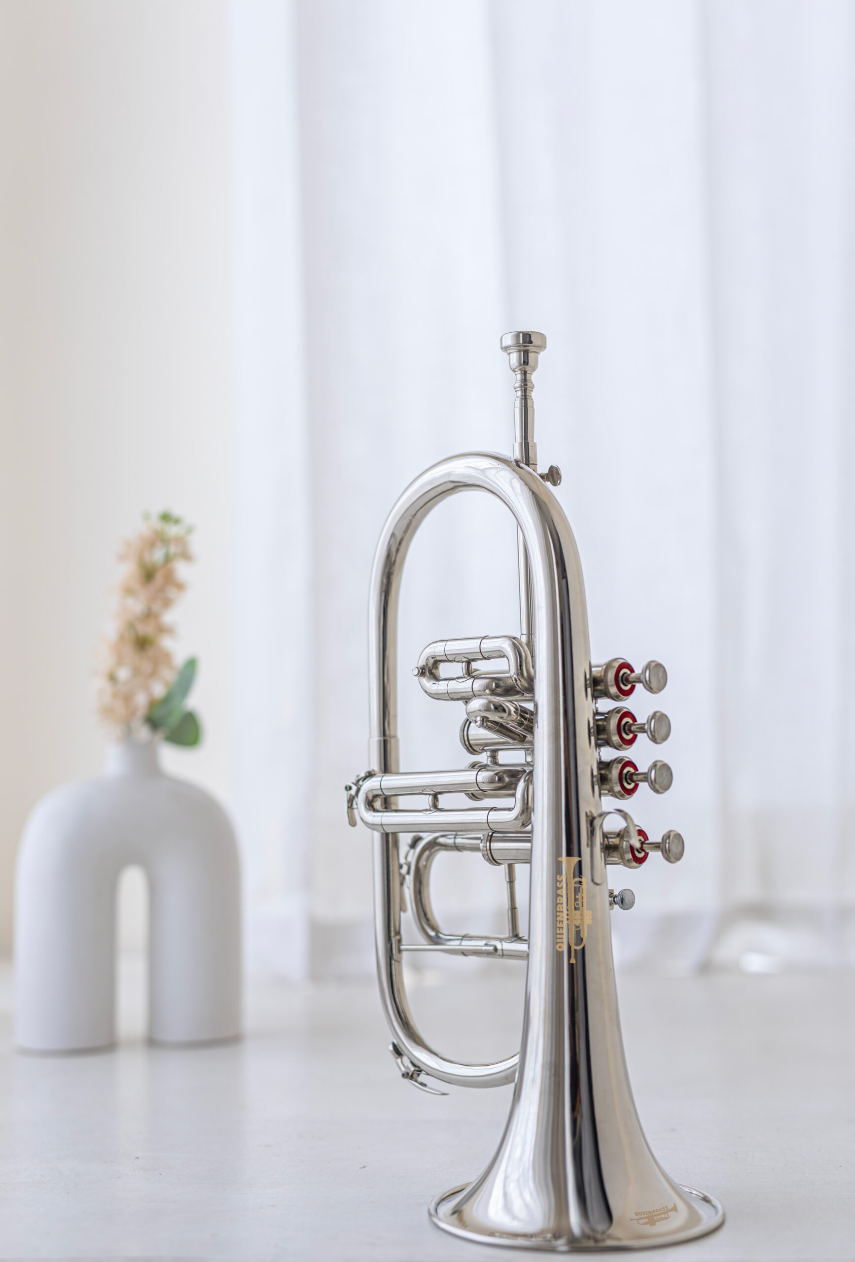 QueenBrass 4-Valve Flugelhorn Bb/F – Chrome Silver Brass with Case