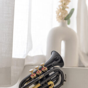 QueenBrass Black Pocket Trumpet – Bb Mini Brass with Gold & Red Accents