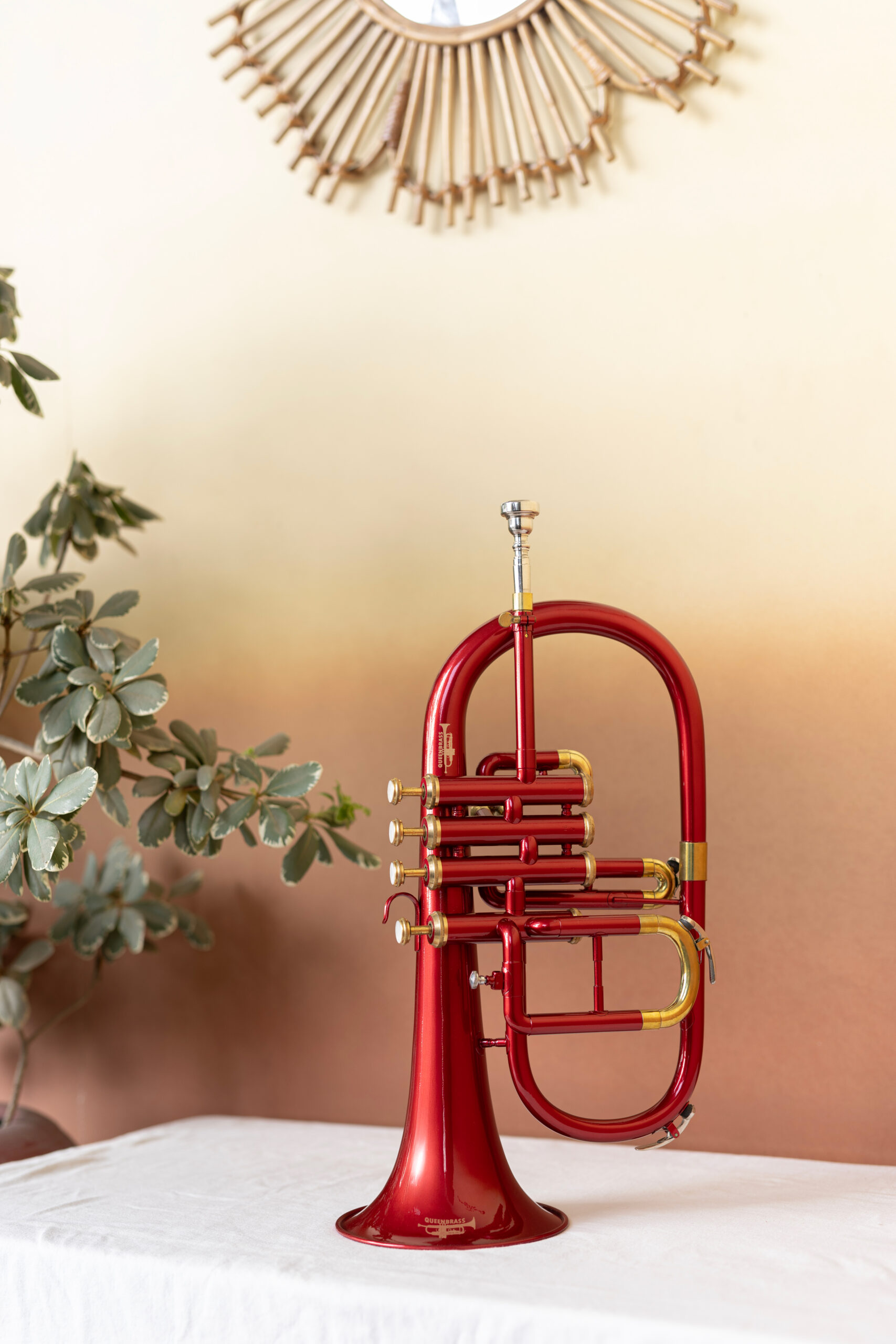 QueenBrass 4-Valve Flugelhorn – Bb/F Colored Lacquer with Gold Trim